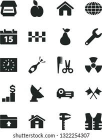 Solid Black Vector Icon Set - house vector, upload folder, accessories for a hairstyle, ceramic tiles, calendar, apple, pear, repair key, calipers, globe, black clock, scanner, projector, nuclear