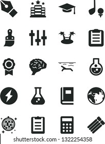 Solid Black Vector Icon Set - plastic brush vector, calculator, flask, brain, settings, book, graduate hat, clipboard, medal, ink pen, electricity, earth, beach, disco ball, hotel, golf, palm hammok