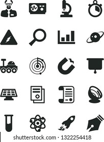 Solid Black Vector Icon Set - horseshoe magnet vector, space rocket, research article, scientific publication, test tube, microscope, electricity, atom, zoom, oscilloscope, scientist, growth graph