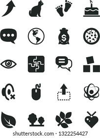 Solid Black Vector Icon Set - silent mode vector, footprints, cubes for children, Puzzles, eye, cake, move up, pizza, leaf, planet Earth, trees, speech, mouse, atom, biology, arrow, dialog, pets