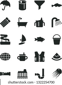 Solid Black Vector Icon Set - mug for feeding vector, measuring cup, bucket, bath, shower, siphon, construction level, umbrella, small fish, slice of water melon, hydroelectricity, pipes, filter