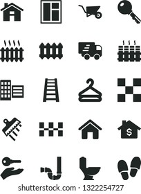 Solid Black Vector Icon Set - house vector, building trolley, window, stepladder, toilet, siphon, city block, tile, ceramic tiles, spatula, radiator, new, key, hanger, cast iron, Express delivery