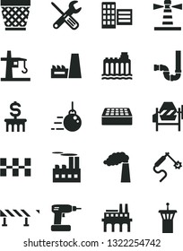 Solid Black Vector Icon Set - wicker pot vector, big core, concrete mixer, small tools, cordless drill, siphon, city block, ceramic tiles, brick, road fence, manufacture, hydroelectricity, airport