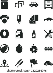Solid Black Vector Icon Set - book vector, toys over the cot, baby bath ball, motor vehicle, small tools, sample of colour, map, flag, nightstand, package, bundle eggs, barbecue, fish, liquor, lime