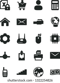 Solid Black Vector Icon Set - upload archive data vector, house, envelope, put in cart, planet, man, mobile phone, encrypting, mouse, cpu, router, printer, connect, lan connector, mail, settings