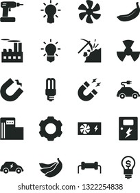 Solid Black Vector Icon Set - cordless drill vector, dangers, banana, bananas, marine propeller, coal mining, modern gas station, industrial building, mercury light bulb, radiation, electric car