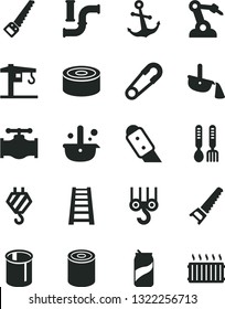 Solid Black Vector Icon Set - safety pin vector, iron fork spoons, crane, hook, winch, hand saw, arm, stepladder, knife, anchor, canned goods, tin, soda can, valve, water pipes, robot welder