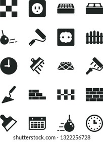 Solid Black Vector Icon Set - brickwork vector, brick wall, big core, building trowel, new roller, paint, power socket type b, f, tile, ceramic tiles, block, putty knife, spatula, hedge, pavement