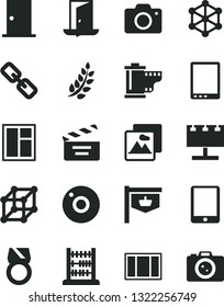 Solid Black Vector Icon Set - camera vector, spectacles, roll, movie cracker, abacus, window, frame, entrance door, picture, vintage sign, billboard with illumination, tablet pc, 3d cube, gold ring
