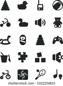Solid Black Vector Icon Set - rubber duck vector, baby duckling, bath ball, stacking rings, toy, roly poly doll, phone, children's sand set, small teddy bear, rocking horse, cubes for children, golf