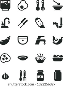 Solid Black Vector Icon Set - plates and spoons vector, plastic fork, iron, sink, siphon, knife, faucet mixer, kitchen, porridge in a saucepan, lettuce plate, barbecue, chili, glass of tea, omelette