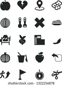 Solid Black Vector Icon Set - cross vector, pennant, children's sand set, plastic fork spoons, concrete mixer, broken heart, move left, onion, popcorn, apple, half pomegranate, red, water melon