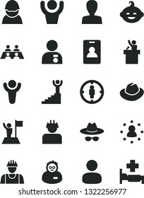 Solid Black Vector Icon Set - woman vector, hat, with glasses, funny hairdo, builder, racer, man, goal, conversation, scientist, winner, stairway, medal, flag, hands up, speaker, stars around