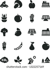 Solid Black Vector Icon Set - saving light bulb vector, porcini, apple, pear, mint, tangerine, yellow lemon, delicious, peas, broccoli, solar panel, big, leaves, hydroelectric station, energy, sun