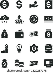 Solid Black Vector Icon Set - coins vector, column of, denomination the dollar, financial item, catch a coin, wallet, money, dollars, cash, rain, pedestal, bag, gear, idea, growth, atm