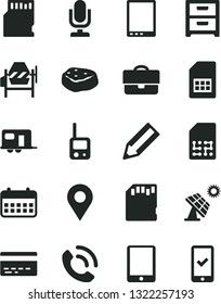 Solid Black Vector Icon Set - desktop microphone vector, bank card, toy phone, concrete mixer, nightstand, call, piece of meat, big solar panel, SIM, location, portfolio, pencil, calendar, tablet pc