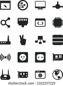 Solid Black Vector Icon Set - power socket type b vector, f, screen, connections, hierarchical scheme, cpu, pc card, router, network, browser, connect, coding, lan connector, wireless, big data