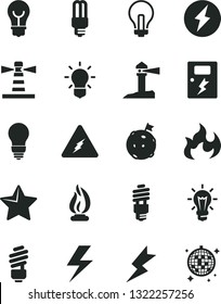 Solid Black Vector Icon Set - lightning vector, incandescent lamp, saving light bulb, dangers, star, energy, mercury, lighthouse, coastal, electricity, flame, flag on moon, disco ball
