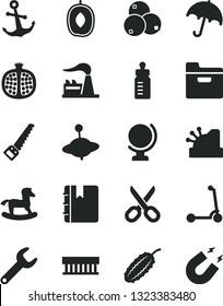 Solid Black Vector Icon Set - scissors vector, feeding bottle, yule, small rocking horse, child Kick scooter, arm saw, notebook, globe, anchor, umbrella, folder, half pomegranate, blueberries