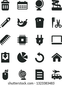 Solid Black Vector Icon Set - graphite pencil vector, counterclockwise, download archive data, accessories for a hairstyle, comb, house, globe, Easter cake, chili, plug, pie charts, calendar, mouse