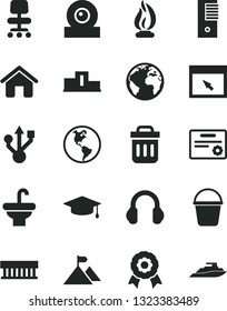 Solid Black Vector Icon Set - sign of the planet vector, house, bucket, washbasin, Earth, radiator fan, pc tower, web camera, usb, headphones, browser, trash bin, chair, flame, medal, pedestal