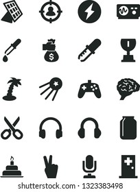 Solid Black Vector Icon Set - desktop microphone vector, scissors, birthday cake, jar, man in sight, headphones, joystick, brain, pipette, oscilloscope, sun panel, electricity, award, money bag hand