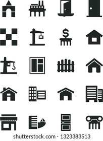 Solid Black Vector Icon Set - house vector, box of bricks, dwelling, window, ntrance door, interroom, buildings, city block, tile, hedge, home, industrial enterprise, tower crane, Construction, exit