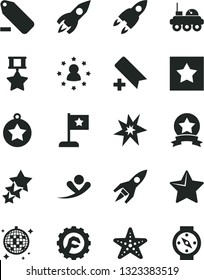 Solid Black Vector Icon Set - add bookmark vector, remove label, star gear, rocket, lunar rover, bang, medal, flag, hero, ribbon, stars around man, three, flying, disco ball, starfish, compass