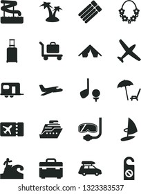 Solid Black Vector Icon Set - suitcase vector, plane, car baggage, camper, rolling, ticket, tent, arnchair under umbrella, palm tree, hawaii wreath, aquapark, diving mask, surfing, golf, cruiser