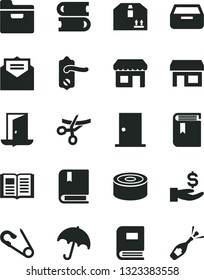 Solid Black Vector Icon Set - book vector, open pin, e, books, door knob, ntrance, received letter, umbrella, folder, drawer, cardboard box, canned goods, kiosk, stall, get a wage, exit, champagne