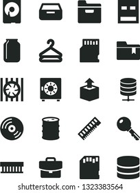 Solid Black Vector Icon Set - folder bookmark vector, key, CD, big data server, suitcase, drawer, strongbox, hanger, unpacking, barrel, jar, radiator fan, memory, hdd, usb, sd card