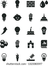 Solid Black Vector Icon Set - matte light bulb vector, children's hairdo, box of bricks, cake, birthday, brickwork, saving, drawing, honeycombs, drop, energy, book on statistics, flame torch, idea