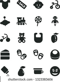 Solid Black Vector Icon Set - baby powder vector, bib, Child T shirt, children's potty, teddy bear, hairdo, toy train, yule, bicycle, tricycle, shoes for little children, piece of cake, lollipop