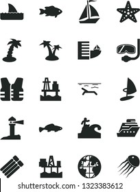 Solid Black Vector Icon Set - small fish vector, sea port, commercial seaport, coastal lighthouse, planet, sail boat, hotel, beach, palm tree, starfish, diving mask, surfing, life vest, cruiser