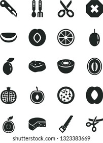 Solid Black Vector Icon Set - scissors vector, mark of injury, iron fork spoons, arm saw, stationery knife, cheese, pizza, piece meat, half pomegranate, plum, peach, melon, cherry, passion fruit