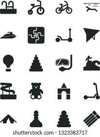 Solid Black Vector Icon Set - stacking rings vector, toy, small teddy bear, box of bricks, child bicycle, Kick scooter, Puzzles, pawn, air balloon, hang glider, bike, tent, beach, pool, aquapark
