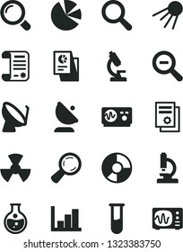 Solid Black Vector Icon Set - magnifier vector, zoom out, negative histogram, artificial satellite, round flask, radiation, dish, antenna, ring diagram, pie charts, statistical research, article