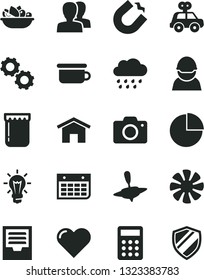 Solid Black Vector Icon Set - camera vector, women, pie chart, archive, rainy cloud, motor vehicle present, children's potty, small yule, home, heart, a plate of fruit, jam, racer, horseshoe magnet