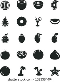 Solid Black Vector Icon Set - orange vector, fig, water melon, mango, half of, kiwi, tamarillo, sour lime, guawa, piece coconut, slice pineapple, grapefruit, part guava, persimmon, palm tree