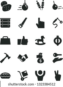 Solid Black Vector Icon Set - chest of drawers vector, small rocking horse, big core, arm saw, hammer with claw, index finger, thumb up, shipment, fried vegetables on sticks, apple pie, half medlar