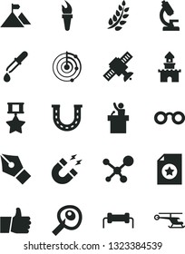 Solid Black Vector Icon Set - thumb up vector, microscope, molecule, glasses, satellite, pipette, magnet, artifical insimination, radar, ink pen, resistor, flame torch, laurel branch, mountain flag