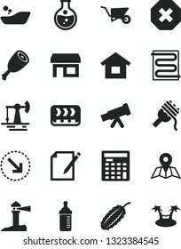 Solid Black Vector Icon Set - mark of injury vector, measuring bottle for feeding, children's bathroom, dwelling, building trolley, heating coil, map, notes, right bottom arrow, spaghetti, cucumber