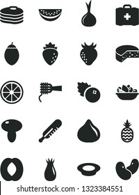 Solid Black Vector Icon Set - mercury thermometer vector, medical bag, cheese, noodles, mushroom, a plate of fruit, milk, blueberries, pineapple, pancakes, raspberry, strawberry, rose hip, fig