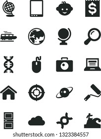Solid Black Vector Icon Set - laptop vector, children's hairdo, house, new roller, interroom door, camera, globe, planet, financial item, tablet pc, mouse, cloud, zoom, dna, saturn, aim, train