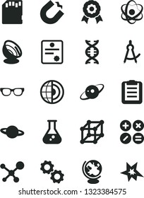 Solid Black Vector Icon Set - math actions vector, planet, horseshoe magnet, sd card, flask, molecule, atom, glasses, dna, gears, globe, clipboard, drawing compass, earth core, medal, saturn, bang