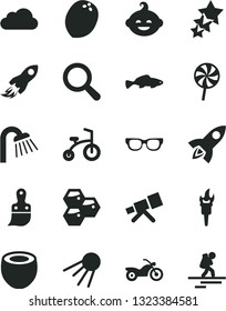 Solid Black Vector Icon Set - magnifier vector, funny hairdo, child bicycle, plastic brush, shower, artificial satellite, lollipop, small fish, honeycombs, half of coconut, space rocket, cloud