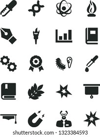 Solid Black Vector Icon Set - vector e, atom, dna, gears, bactery, book, pipette, magnet, flame, scientist, graduate hat, growth graph, medal, biology, presentation board, ink pen, torch, bang