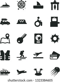 Solid Black Vector Icon Set - plane vector, train, car baggage, taxi, backpacker, security gate, scanner, passport, departure, credit card, sun, disco ball, disabled, map, key, life vest, jet ski