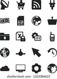 Solid Black Vector Icon Set - rss feed vector, upload folder, screen, put in cart, planet, electric plug, satellite dish, SIM, shopping basket, mobile phone, encrypting, connect, history, settings