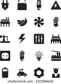 Solid Black Vector Icon Set - lightning vector, danger of electricity, saving light bulb, power socket type f, regulator, bananas, marine propeller, charge level, oil derrick, accumulator, plug